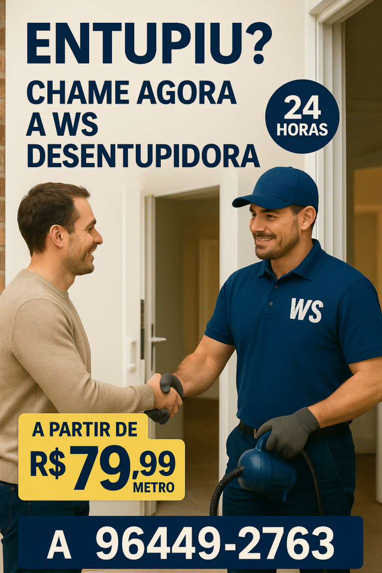 Banner publicitário da WS Desentupidora. À esquerda, um cliente sorri e aperta a mão de um profissional uniformizado com camiseta azul e boné, ambos com a logomarca 
