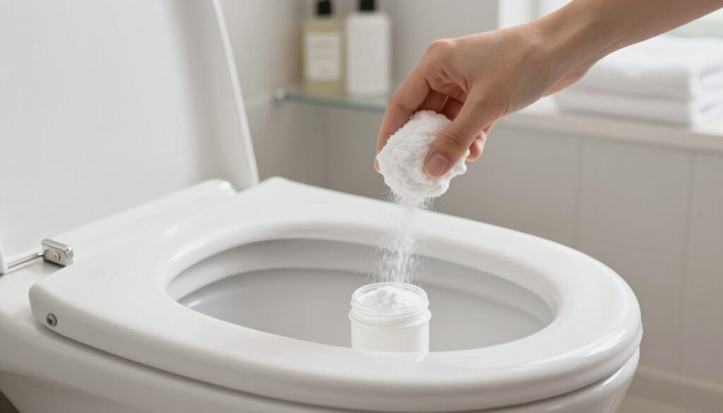 A bright, clean bathroom scene showcasing an elegant white toilet with a focused view of a hand sprinkling baking soda into the bowl. In the foreground, a small container of baking soda is clearly visible, light reflecting off its shiny surface. The middle ground features the toilet, freshly cleaned with sparkling porcelain, and the baking soda being added. In the background, subtle hints of a modern bathroom décor, like neatly arranged toiletries and soft towels, complete the ambiance. Soft, natural light filters in through a nearby window, creating a fresh and inviting atmosphere. Capture a sense of cleanliness and freshness, emphasizing the action of using baking soda to unclog and freshen the toilet.