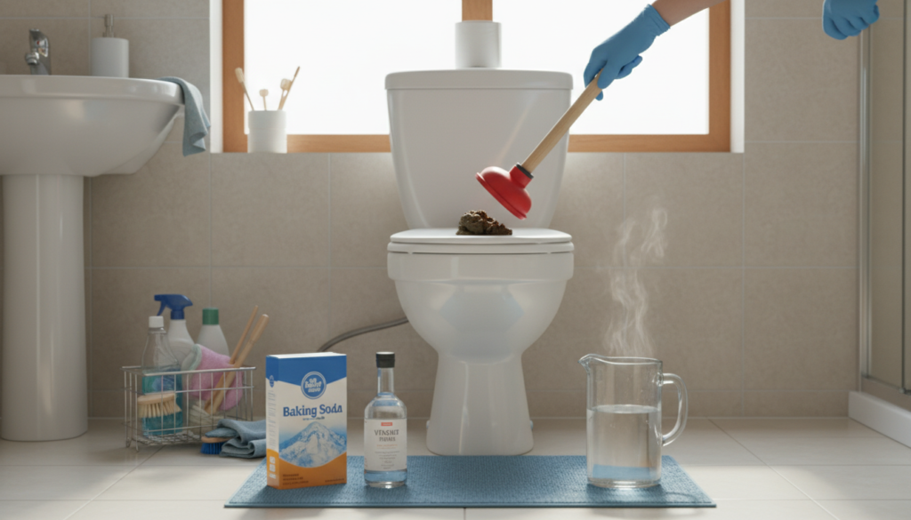 A clean and well-lit bathroom scene featuring a typical toilet, visibly clogged with solid waste. In the foreground, a colorful array of homemade unclogging tools and ingredients is displayed, including a plunger, baking soda, white vinegar, and hot water. A pair of gloved hands is shown preparing to use the plunger, emphasizing a professional approach to problem-solving. The middle ground includes a small sink and various cleaning supplies, creating a practical atmosphere. The background features neutral-colored walls and a bright window letting in natural light, enhancing the clean and fresh feel of the setting. The overall mood is proactive and solution-oriented, encouraging viewers to tackle plumbing issues safely and effectively.