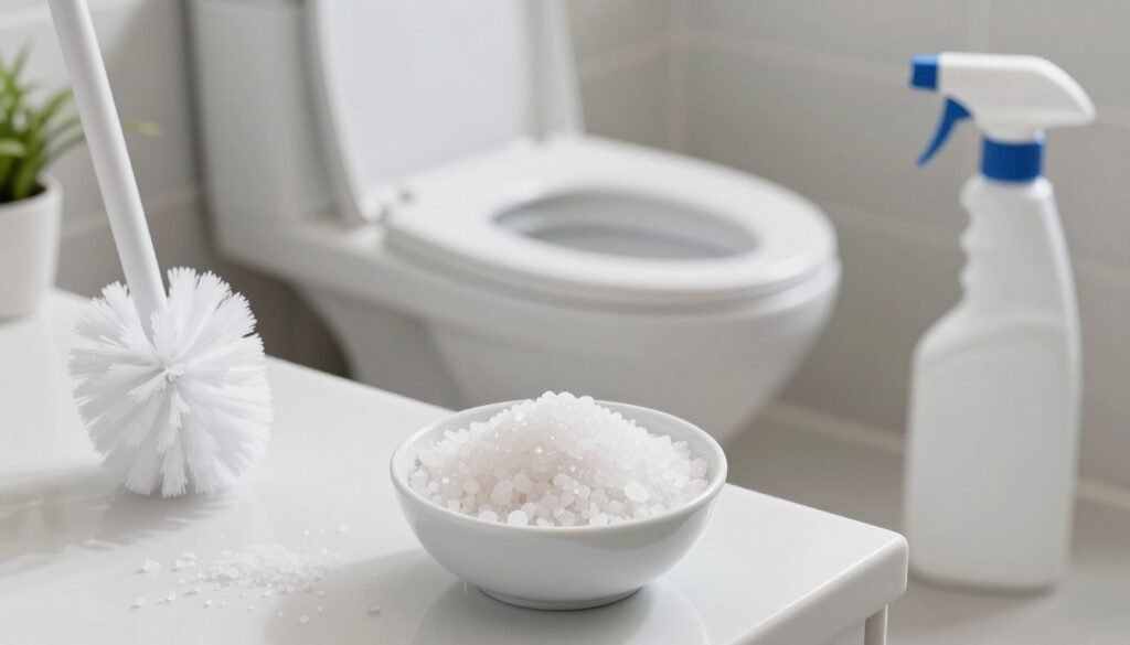 A clean and well-maintained bathroom scene showcasing the powerful properties of coarse salt (sal grosso) in sanitation. In the foreground, a small bowl filled with glistening coarse salt sits on a sleek bathroom countertop, surrounded by sparkling cleaning tools such as a toilet brush and a spray bottle. In the middle, a brightly lit toilet glimmers, inviting and pristine, indicating effective maintenance. The background features soft, diffused lighting illuminating modern bathroom tiles, with hints of a potted plant to suggest freshness. The overall mood is refreshing and clean, emphasizing cleanliness and efficiency in bathroom maintenance. The image is captured from a slight overhead angle to highlight the salt and cleaning tools, creating an inviting atmosphere without any text or distractions.