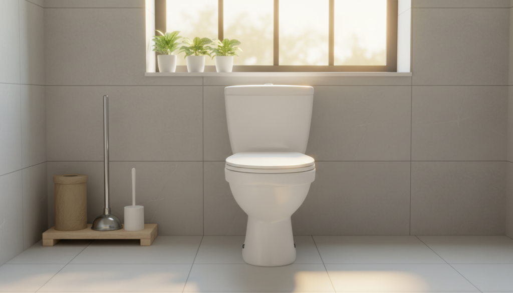 A clean, well-lit bathroom scene focusing on a modern toilet in the foreground, emphasizing clarity and cleanliness. On the left, there are visual tips for preventing clogs, such as a plunger, biodegradable waste bags, and a toilet brush, arranged neatly. In the middle, a gentle overflow of sunlight filters through a window, creating a bright and inviting atmosphere. The background features ceramic tiles and soft green plants, adding a touch of freshness. The composition should have a warm, professional mood, and the angle should be slightly above eye level, providing a comprehensive view of the toilet and its preventative tools. The image should be free of any text, capturing a visually informative snapshot on maintenance without distractions.