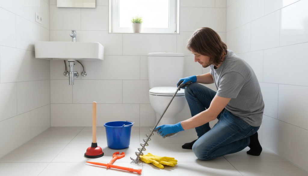 A clear view of a modern bathroom showcasing various mechanical methods for clearing a toilet blockage. In the foreground, a person in modest casual clothing is carefully using a toilet auger, focused on the task. The middle ground features a variety of plumbing tools including a plunger, a flexible grabber, and a bucket, all neatly arranged. Background shows a light-colored bathroom with white tiles, a floating sink, and a small window letting in soft natural light, creating a serene atmosphere. The image is captured from a slightly elevated angle, highlighting the tools' functionality while ensuring the setting remains professional and inviting. The overall mood is practical and educational, emphasizing the concept of mechanical unclogging methods.