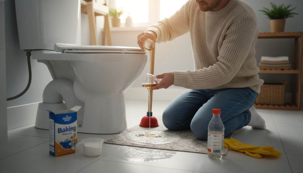 A close-up of a bathroom scene focusing on a clogged toilet, showcasing a person in modest casual clothing using natural home remedies to clear the blockage. The foreground features a modern toilet with water slightly overflowing, surrounded by common household items like baking soda, vinegar, and a plunger. In the middle ground, the person is intently engaged in the task, showing determination and focus. The background depicts a cozy bathroom with soft, warm lighting, highlighting cleanliness and practicality. The angle captures the action, creating an inviting atmosphere of problem-solving and DIY spirit, emphasizing the importance of resolve in household challenges. The overall scene reflects a sense of calm amidst the minor chaos of an unexpected plumbing issue.