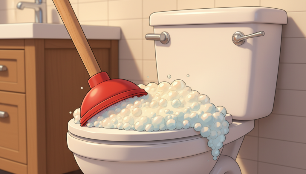A close-up shot of a bathroom scene focusing on a toilet with a plunger and a bowl filled with bubbles, symbolizing a clogged toilet. Foreground features a bright red plunger resting against the side, with soap bubbles vividly reflecting light, creating a playful, yet urgent atmosphere. In the middle, the toilet tank is partially visible, neatly designed with a shiny chrome flush handle. The background showcases a clean bathroom environment, with soft, warm lighting illuminating the scene to convey a sense of hope and DIY solutions. The image should evoke a feeling of resourcefulness, with an emphasis on the plunger as the central tool for home plumbing solutions, without any people present.