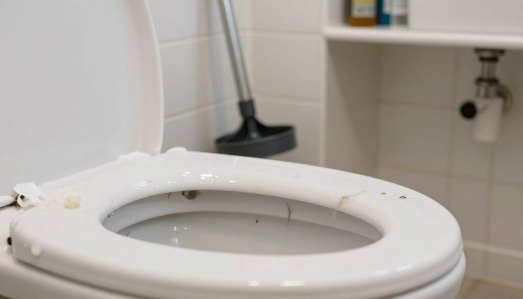 A close-up view of a bathroom scene, focusing on a clogged toilet. The foreground features an overflowing toilet with debris like hair, tissue, and soap scum visible around the rim, indicating the causes of blockages. In the middle ground, a plunger rests against the wall, emphasized by soft, natural lighting that highlights reflections on the shiny tiles. The background should show a clean bathroom with a subtle hint of plumbing tools on a shelf, suggesting maintenance. The atmosphere is slightly tense, revealing the everyday struggle of homeowners dealing with plumbing issues. Use a slightly angled perspective to create depth, capturing the details of the materials and textures in the scene.