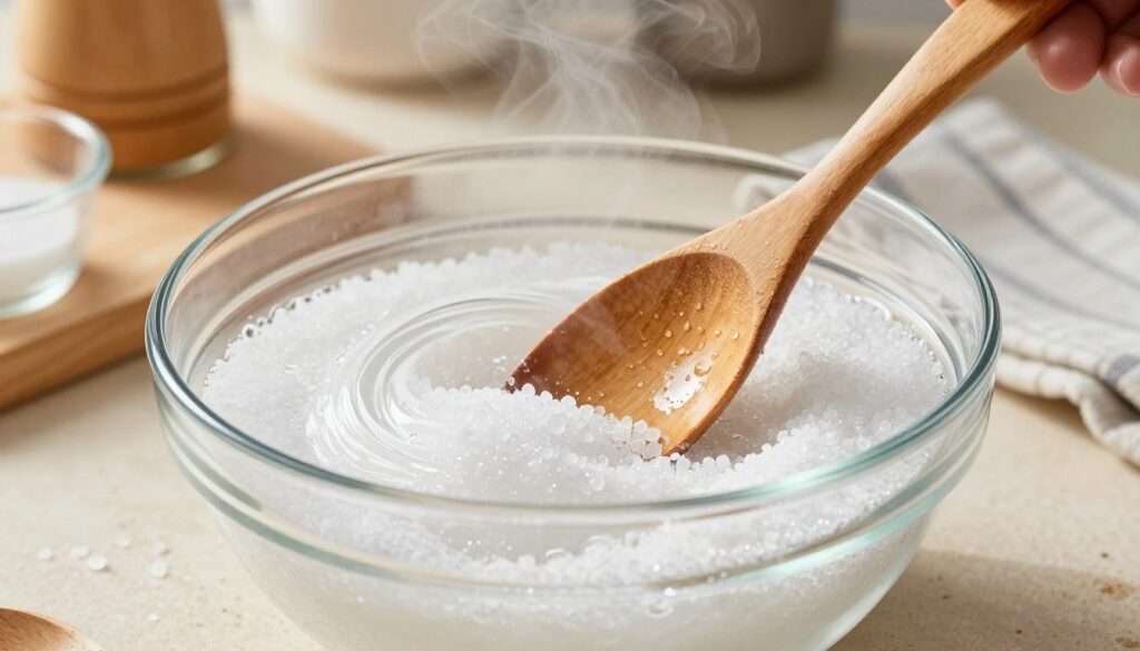 A close-up view of a clear glass bowl filled with coarse salt being mixed with steaming hot water, creating swirling patterns in the mixture. In the foreground, a wooden spoon is gently stirring the mixture, with droplets of water glistening in the light. The middle ground includes a rustic kitchen countertop with small kitchen tools like a measuring cup and a dish towel, creating a homely atmosphere. The background features a softly blurred kitchen setting with warm lighting, evoking a cozy vibe. The overall mood is practical and inviting, focusing on the process of preparation. The image should have a bright, natural light effect, emphasizing the texture of the salt and the steam rising from the hot water, captured with a slight depth of field.
