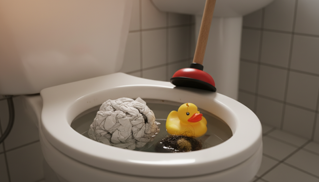 A close-up view of a congested toilet bowl showcasing various common causes of blockage. In the foreground, highlight a rolling ball of toilet paper, a rubber duck, and a hairball, each partially submerged in water. The middle ground should feature a visible plunger resting against the side of the toilet, while the background contains subtly blurred bathroom tiles, hinting at a residential setting. The lighting is soft and warm, simulating morning light streaming in through a frosted window, creating a calm yet slightly tense atmosphere. The angle is slightly overhead, allowing for a direct view into the toilet bowl, effectively emphasizing the factors leading to clogs.