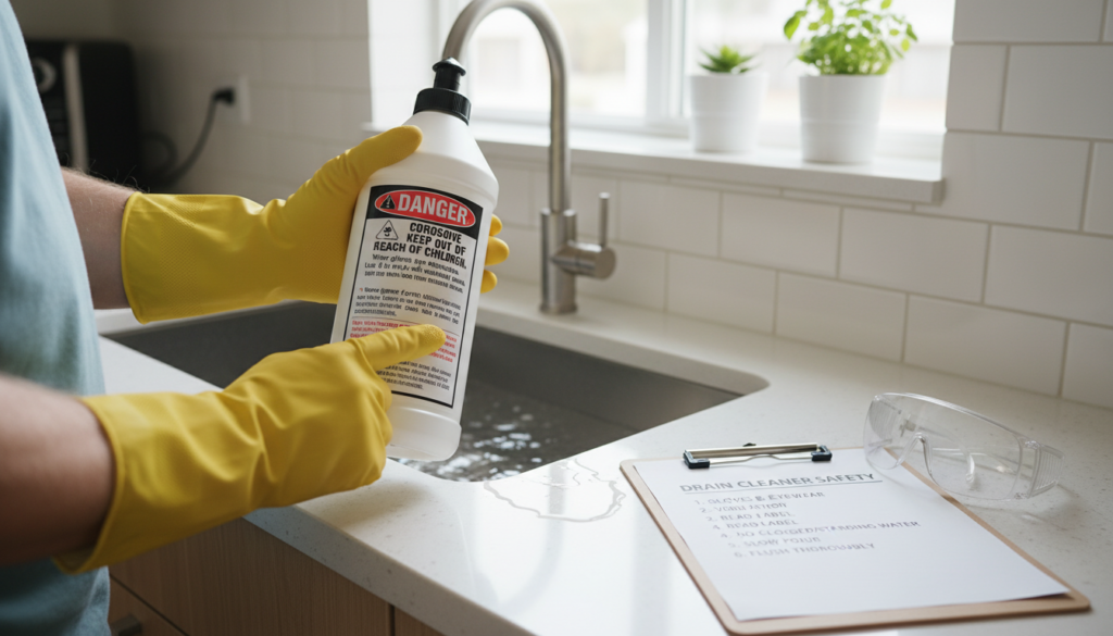 A close-up view of a kitchen scene focused on safe handling of chemical drain cleaners. In the foreground, a pair of gloved hands holding a caution-labeled chemical bottle, emphasizing proper safety gear. The middle ground includes an open sink with a slight water overflow, and a checklist of safety precautions on a nearby countertop. The background shows a well-organized kitchen with soft, bright lighting highlighting the cleanliness and orderliness of the space. The atmosphere is serious yet informative, suggesting responsibility and care in handling potentially hazardous substances. The image should evoke awareness of safety practices in everyday home maintenance tasks.