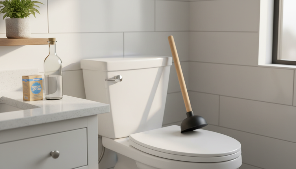 A close-up view of a modern bathroom featuring a white toilet bowl in the center, surrounded by common household items used for unclogging. In the foreground, a plunger with a wooden handle rests against the toilet. To the left, a bottle of vinegar and a box of baking soda are placed on a sleek bathroom counter, illustrating DIY methods. The background shows a softly lit bathroom with white tiles and a small potted plant for a touch of freshness. Natural light filters in from a window, creating a warm and inviting atmosphere. The overall mood is practical and informative, reflecting a sense of home care and maintenance without any clutter or distractions.