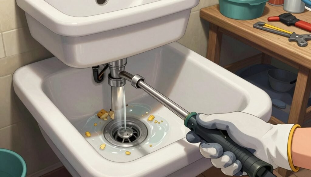 A close-up view of a serious plumbing issue, showcasing clear signs of severe clogging in a sink. In the foreground, a hand in a professional work glove is holding a plumbing snake, ready to tackle the problem. In the middle ground, a visibly blocked sink with water backing up and food debris is prominent. The background features a dimly lit utility room with plumbing tools neatly arranged on a workbench. The atmosphere is tense, with harsh overhead lighting casting shadows that emphasize the urgency of the situation. The angle captures the action from a slightly elevated perspective, providing a comprehensive view of the issue.