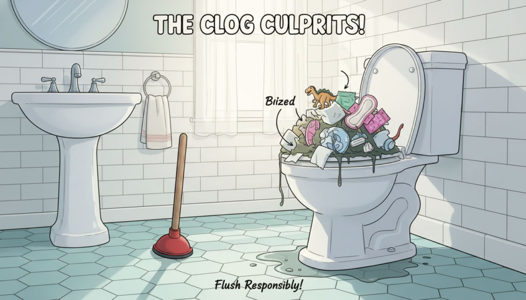 A detailed illustration depicting common causes of a clogged toilet. In the foreground, a close-up of a toilet bowl showing a visible blockage of toilet paper, feminine hygiene products, and other debris, creating a clear focal point. The middle ground displays a bathroom setting, with tiled flooring and a hint of a plunger leaning against the wall, suggesting an ongoing plumbing issue. In the background, soft lighting highlights a bathroom sink and a mirror, adding to the domestic atmosphere. The overall mood is informative and slightly humorous, emphasizing the importance of awareness surrounding toilet clogs. Utilize natural daylight from a window to create a fresh, clean feel without harsh shadows. Capture this scene from a slightly elevated angle to provide a comprehensive view of the toilet and its surroundings.