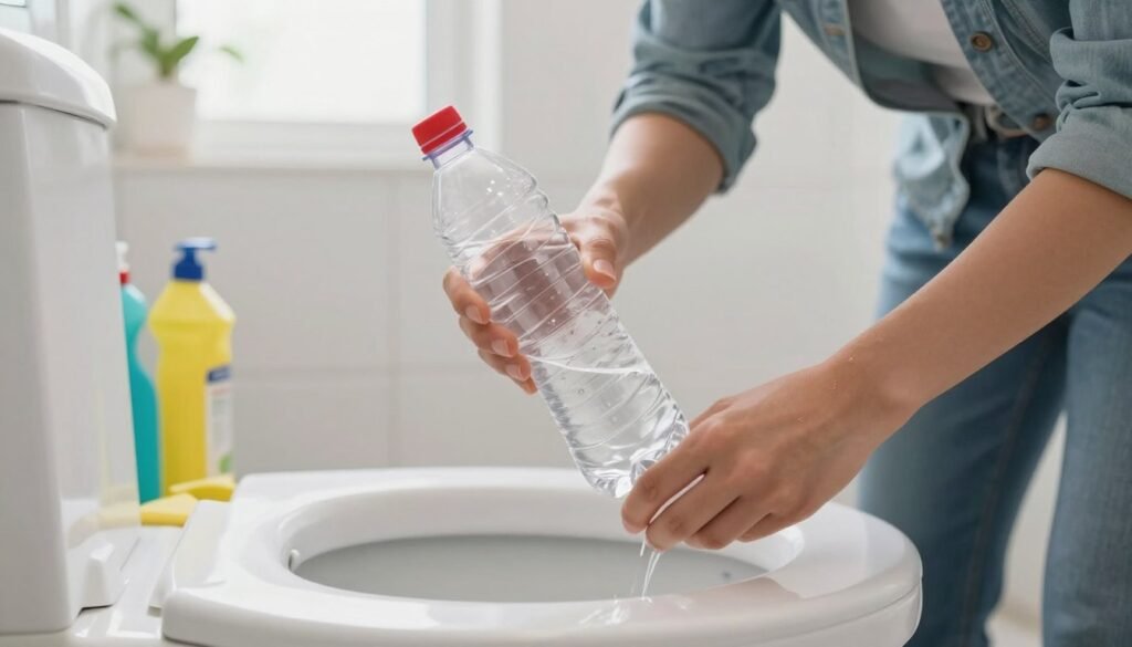 A detailed illustration of a person using a plastic bottle to unclog a toilet. The foreground features a close-up of a hands-on demonstration with a clear plastic bottle, showing the technique of creating suction. The middle ground includes a modern bathroom setting with a slightly overflowing toilet, colorful cleaning supplies, and a cheerful ambiance. In the background, soft natural light filters through a frosted window, enhancing the brightness of the scene. The image captures a professional dressed individual, wearing modest casual clothing, focused on the task at hand, demonstrating the practical application of this home remedy method. The overall atmosphere is informative and encouraging, emphasizing DIY problem-solving in a home setting.