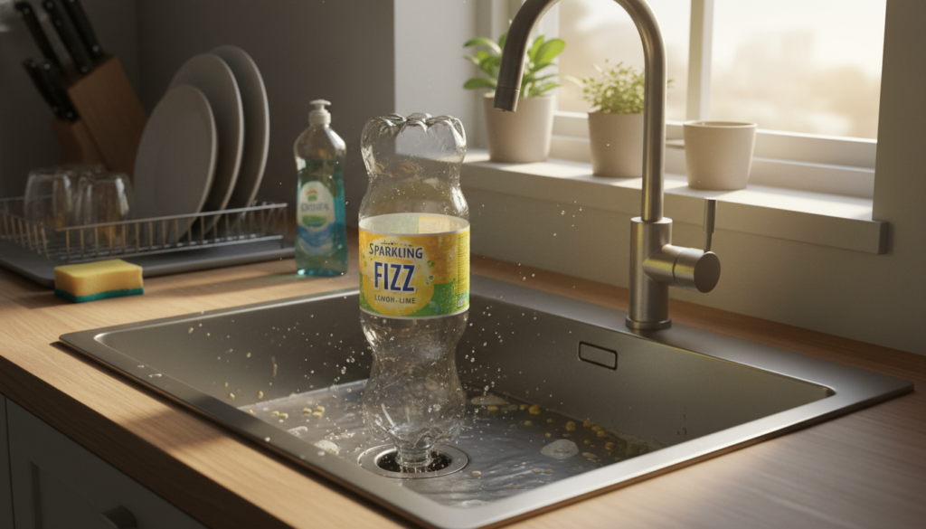 A kitchen scene featuring a clear plastic PET bottle being used as a makeshift plunger to unclog a sink. In the foreground, focus on the bottle firmly pressed against the sink drain, showcasing the bottle's label and details. In the middle ground, highlight a modern, stainless-steel kitchen sink with a partially visible blockage, water splashing around. The background should depict warm, inviting kitchen elements such as a countertop with dish soap, a dish rack, and a window allowing soft natural light to flood the space, creating a homey atmosphere. Capture the moment from a slightly elevated angle, emphasizing the action and purpose of the method while ensuring the scene feels practical and relatable.