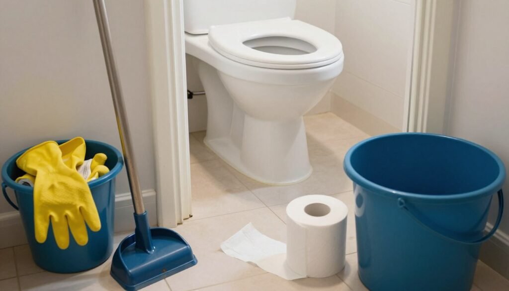 A neatly arranged workspace focused on clearing a clogged toilet, featuring essential materials such as a plunger, rubber gloves, a bucket, and rolls of toilet paper. In the foreground, a sturdy plunger rests beside colorful gloves and a bucket ready to collect waste. The middle ground showcases a clean, slightly open bathroom door revealing a pristine toilet, emphasizing the focus on the task at hand. The background should hint at a well-lit bathroom environment with soft, natural light streaming in, creating an inviting yet purposeful atmosphere. The angle should be slightly overhead to capture the entire setup, conveying a sense of readiness and professionalism. The mood should be practical and efficient, setting the stage for resolving the issue effectively.