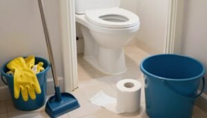A neatly arranged workspace focused on clearing a clogged toilet, featuring essential materials such as a plunger, rubber gloves, a bucket, and rolls of toilet paper. In the foreground, a sturdy plunger rests beside colorful gloves and a bucket ready to collect waste. The middle ground showcases a clean, slightly open bathroom door revealing a pristine toilet, emphasizing the focus on the task at hand. The background should hint at a well-lit bathroom environment with soft, natural light streaming in, creating an inviting yet purposeful atmosphere. The angle should be slightly overhead to capture the entire setup, conveying a sense of readiness and professionalism. The mood should be practical and efficient, setting the stage for resolving the issue effectively.