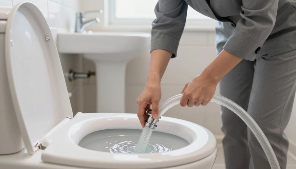 A person wearing professional, modest clothing is demonstrating a technique to unclog a toilet using a hose. In the foreground, the individual is intently focused on the task, using a sturdy, transparent hose inserted into a toilet bowl with water visibly swirling. The middle ground features a clean bathroom environment, with tiled walls and a sink beside the toilet, emphasizing a tidy setting. The background includes a neutral-colored wall and a window filtering natural light, adding to the brightness of the scene. The lighting is soft and diffuse, creating a calm, instructional atmosphere. The angle is slightly elevated, showcasing both the individual and the unclogging process without any distractions. No text or branding is present.