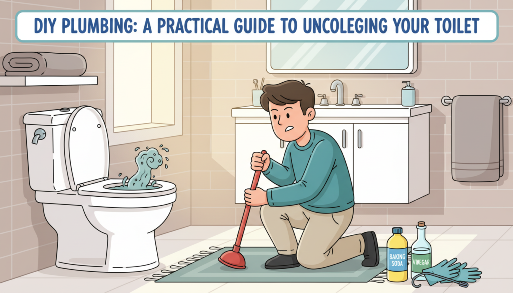 A practical guide to unclogging a toilet, featuring a realistic bathroom scene. In the foreground, a person in modest casual clothing kneels beside a modern toilet, thoughtfully holding a plunger and looking at a clogged bowl. The middle ground showcases various simple tools for the task, like baking soda and vinegar bottles, next to a clean, well-organized bathroom sink. The background reveals a warm, inviting bathroom with neutral-colored tiles and soft lighting, creating a calm atmosphere. The focus is on the unclogging process, capturing the essence of DIY solutions before seeking professional help. The image conveys a sense of determination and practicality, ideal for an informative article section.