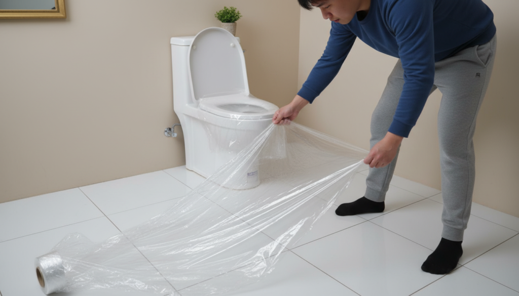 A practical scene demonstrating the use of plastic wrap to create a homemade vacuum for unclogging a toilet. In the foreground, a roll of transparent plastic wrap unravels, showcasing its glossy texture against a modern bathroom setting. In the middle, a toilet with a partially obscured interior, suggesting a blockage, while a person in modest casual clothing is positioned nearby, preparing to use the plastic wrap technique, illustrating a sense of action and urgency. The background reveals simple bathroom decor with subtle lighting that creates a clean, focused atmosphere. The overall mood is practical and instructional, emphasizing DIY plumbing solutions. Aim for a bright, well-lit image with a clear angle, highlighting the ingenuity of the technique without any distractions.
