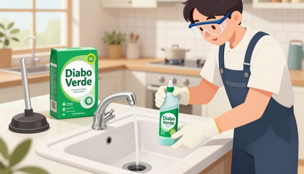 A professional setting showcasing a safely executed demonstration of the "Diabo Verde" product for unclogging drains. In the foreground, a person dressed in a modest professional outfit, wearing gloves and safety goggles, carefully applies the solution to a clogged sink, ensuring safe usage. In the middle ground, a kitchen countertop with the "Diabo Verde" packaging prominently displayed alongside essential tools like a plunger and a bucket, emphasizing proper safety measures. The background features a clean and well-lit kitchen, with natural light streaming in through a window, creating an inviting atmosphere. The overall mood conveys a sense of responsibility and safety, emphasizing the importance of caution when using chemical products.