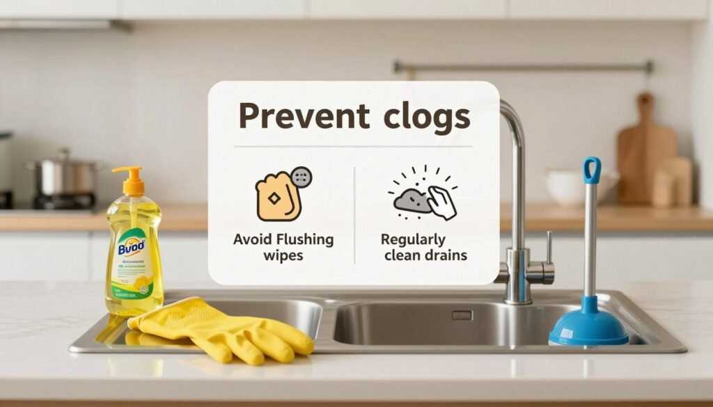 A visually appealing kitchen sink setting, focused on preventive measures against clogs. In the foreground, there's a neatly arranged countertop with various household items like a bottle of dish soap, a pair of rubber gloves, and a plunger, all in bright, engaging colors. In the middle, a cleverly designed infographic displaying simple tips for preventing clogs, like "Avoid flushing wipes" and "Regularly clean drains," illustrated with small icons. In the background, a well-lit kitchen scene with minimalistic décor, emphasizing cleanliness and order. The lighting is soft and inviting, creating a warm atmosphere. The image should convey a practical, informative mood, perfect for educating readers about preventing clogs in a sanitary manner.