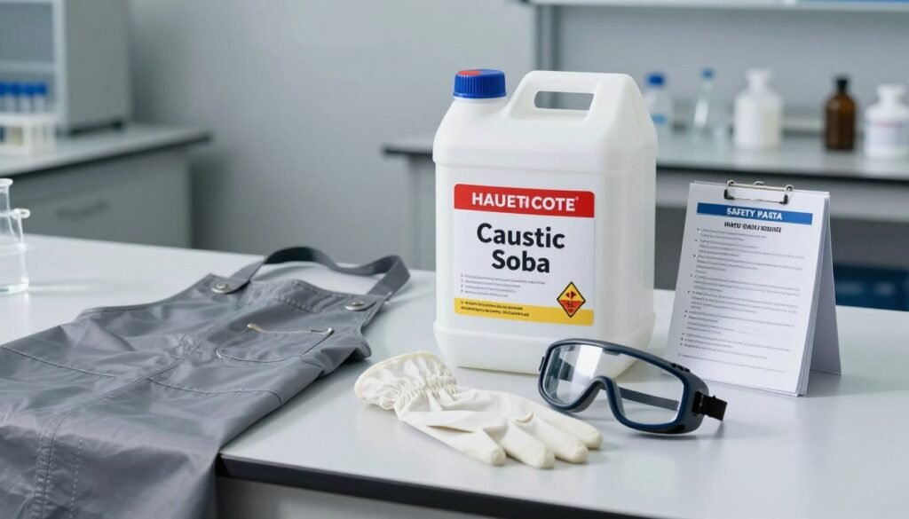 A well-arranged scene showcasing essential safety equipment for handling caustic soda. In the foreground, a pair of high-quality chemical-resistant gloves and goggles rests on a white laboratory counter. Beside them, an industrial-grade apron is neatly folded. In the middle ground, a sturdy, labeled container of caustic soda stands prominently, showcasing its hazard warnings. A compact safety data sheet is visible to the side. The background features a well-lit laboratory setting with a neutral gray wall, highlighting a clean, organized work environment. Soft, even lighting casts minimal shadows, creating a professional and serious atmosphere, suitable for educating readers on safety precautions while using caustic soda.