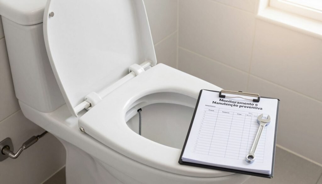 A well-lit bathroom setting showcasing a modern toilet with an emphasis on its inner mechanisms. In the foreground, tools such as a wrench and a plumber's snake are neatly arranged, signifying preventive maintenance. The middle ground features a slightly open toilet tank, revealing its components, and a notepad or digital tablet displaying maintenance checklists. The background shows a clean, tiled wall with hints of natural light streaming in from a small window, adding warmth to the scene. The overall atmosphere is professional yet inviting, highlighting the importance of monitoramento e manutenção preventiva. The image should be captured from a slightly elevated angle, focusing on the toilet and tools, creating a sense of depth and usability.