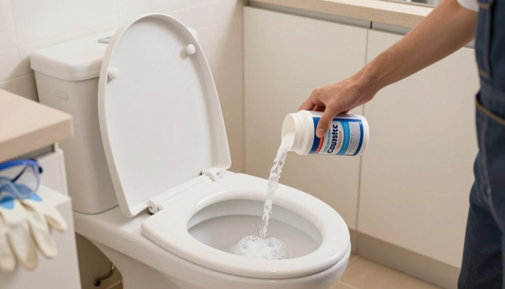 A well-lit kitchen scene depicting the step-by-step process of unclogging a toilet using caustic soda. In the foreground, a person wearing professional attire is carefully pouring caustic soda from a labeled container into a toilet bowl, showcasing a focused expression. The middle ground features the toilet with an open lid, visibly illustrating the caustic soda reaction with bubbles forming. On a nearby counter, safety gear, including gloves and goggles, are neatly arranged. The background consists of a clean, modern kitchen with soft, warm lighting that creates a safe and inviting atmosphere. The angle captures the action from a slightly elevated perspective, emphasizing the thoroughness of the process without distractions or clutter.