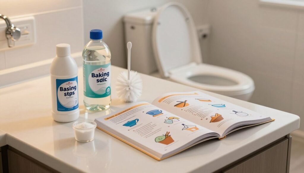 A well-organized kitchen countertop with essential items for preventing toilet clogs. In the foreground, a bottle of baking soda and a bottle of vinegar, both clearly labeled, stand beside small containers of salt and a toilet brush. In the middle, a partially opened guidebook on household tips is laying flat, featuring colorful illustrations of proper toilet usage and maintenance. The background features a clean, modern bathroom with a glimpse of a well-maintained toilet. Soft, warm lighting highlights the countertop, creating an inviting atmosphere. The whole scene conveys a practical and friendly mood, encouraging viewers to adopt these helpful tips. The perspective is slightly elevated, offering a clear view of the items while maintaining a tidy and organized aesthetic.