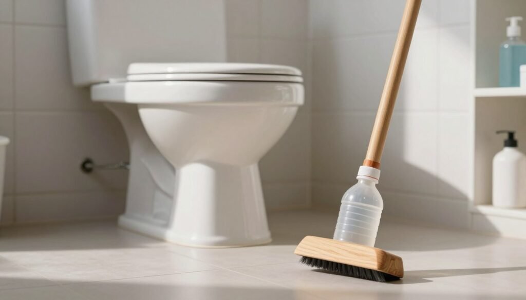 A wooden bathroom setting featuring a makeshift toilet plunger made from a plastic bottle and a broom handle. In the foreground, the improvised tool is prominently displayed, with the broom handle extending out and the bottle securely fitted at its base. The middle ground showcases a standard toilet with visible toilet paper build-up inside, creating a sense of urgency. Light filters in from a nearby window, casting soft shadows and illuminating the scene, giving it a clean and organized feel. The background features light-colored tiled walls and a small shelf with bathroom essentials, contributing to a practical atmosphere. The overall mood is focused, as if suggesting a DIY approach to bathroom issues, encouraging resourcefulness.