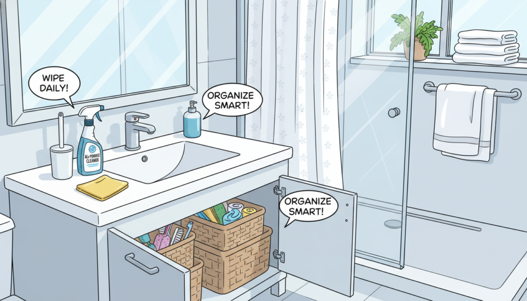 A bright and clean bathroom scene focusing on cleaning and maintenance tips. In the foreground, display various cleaning supplies such as a bottle of all-purpose cleaner, a toilet brush, and a microfiber cloth on a neatly arranged bathroom countertop. In the middle, show a spacious sink area with a shiny faucet and a well-organized underneath cabinet containing storage baskets filled with additional cleaning tools. In the background, include a sparkling clean shower with a shower curtain, and a potted plant on a ledge, creating a fresh atmosphere. The lighting is bright and natural, illuminating the space comfortably, with a slightly angled view to enhance depth. The overall mood is inviting and hygienic, emphasizing cleanliness and maintenance.