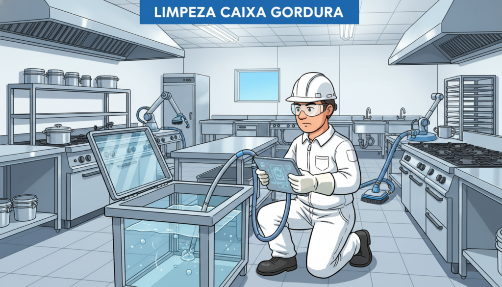 A clean and detailed industrial kitchen environment focusing on the process of "limpeza caixa gordura." In the foreground, a professional technician wearing a safety uniform is carefully inspecting a large grease trap, using a high-tech tool to assess its condition. The technician's expression is focused and diligent, exemplifying professionalism. In the middle ground, gleaming stainless steel surfaces reflect overhead fluorescent lighting, creating a bright and sterile atmosphere. The background features various commercial kitchen equipment and a small window showing a clear blue sky, providing a sense of cleanliness and organization. The overall mood is industrious and meticulous, emphasizing the importance of hygiene and compliance in industrial settings. The image is captured with a moderate depth of field, showcasing sharp details while maintaining a slight blur in the background.