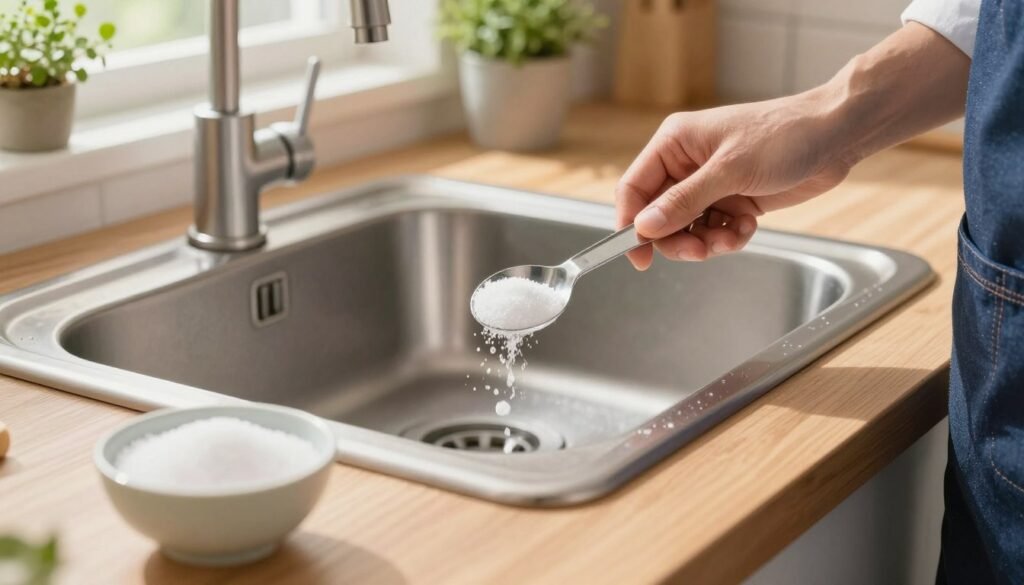 A close-up image of a wooden kitchen countertop featuring a small bowl of table salt, with granules sparkling under natural light. In the foreground, a hand (wearing a professional, modest outfit) reaches for a measuring spoon filled with salt, ready to apply it to a sink drain. In the middle ground, a steel sink shows signs of slight blockage, with some bubbles forming as baking soda and vinegar react nearby. The background is softly blurred, revealing a cozy kitchen setting with herbs in pots and warm sunlight streaming through a window, creating a bright and inviting atmosphere. The overall mood conveys a sense of practicality and efficiency in kitchen maintenance, focusing on the effectiveness of the salt in unclogging drains. A close-up image of a wooden kitchen countertop featuring a small bowl of table salt, with granules sparkling under natural light. In the foreground, a hand (wearing a professional, modest outfit) reaches for a measuring spoon filled with salt, ready to apply it to a sink drain. In the middle ground, a steel sink shows signs of slight blockage, with some bubbles forming as baking soda and vinegar react nearby. The background is softly blurred, revealing a cozy kitchen setting with herbs in pots and warm sunlight streaming through a window, creating a bright and inviting atmosphere. The overall mood conveys a sense of practicality and efficiency in kitchen maintenance, focusing on the effectiveness of the salt in unclogging drains.