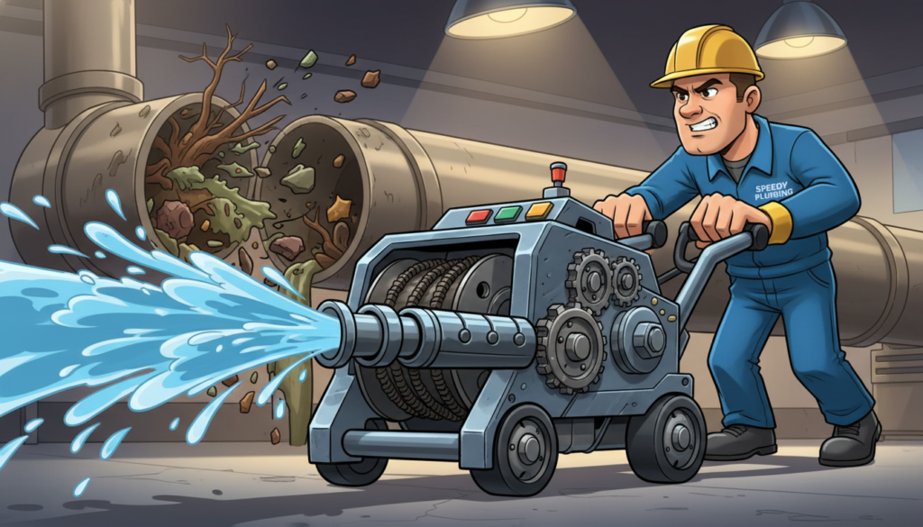 A close-up view of a K-50 rotary machine in action, showcasing its intricate mechanics and robust design. The machine is depicted in the foreground, with active water jets visibly spraying in an efficient cleaning process, highlighting its power and functionality. In the middle ground, a technician in professional work attire is skillfully operating the machine, demonstrating its user-friendly controls and effective maneuverability. The background reveals a partially obstructed pipe, emphasizing the machine's application in clearing blockages. The lighting is bright and industrial, casting sharp shadows to accentuate the machinery's features, while a slight ambient glow suggests a well-maintained work environment. The overall mood conveys efficiency and reliability in modern technology.