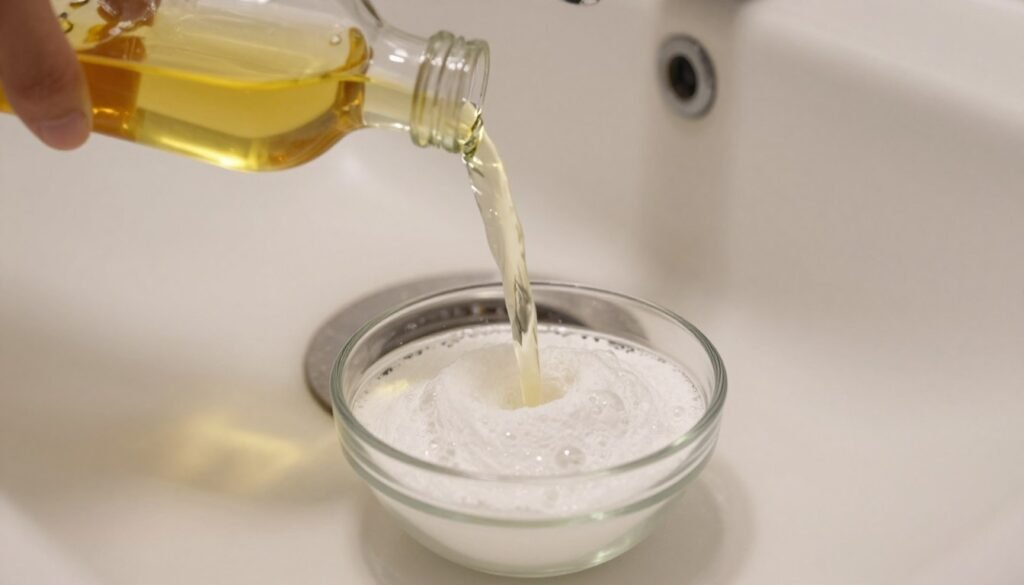 A close-up view of a bathroom sink drain with a focus on a bubbling reaction between vinegar and baking soda. The foreground showcases a small glass bowl filled with white baking soda and a clear glass bottle pouring yellowish vinegar, creating foamy bubbles. In the middle ground, the drain is partially visible with visible grime, hinting at a blockage. The background features a softly lit bathroom setting with neutral-colored tiles and minimal decorative elements, creating a clean atmosphere. Ambient lighting casts a warm glow, enhancing the bubbling action. The overall mood is optimistic, conveying the effectiveness of natural cleaning solutions. No humans or text are present in the image.