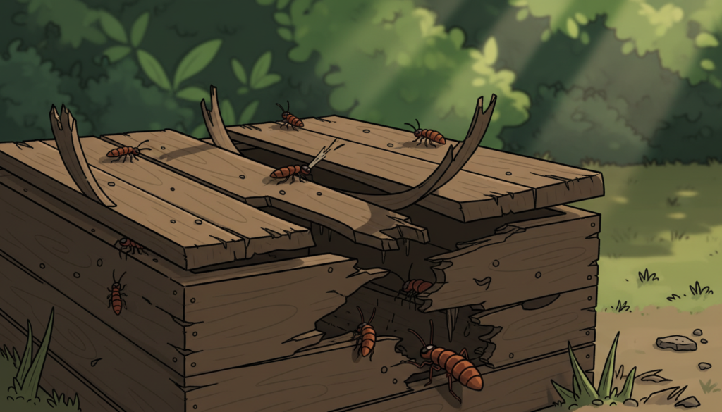 A close-up view of a damaged inspection box with a cracked lid, surrounded by signs of insect infestation such as small crawling bugs and droppings. In the foreground, focus on the cracks and warped edges of the box, with a few insects visible to emphasize the issue. In the middle ground, depict remnants of wood or material that has been eaten away, showcasing the extent of damage. The background should feature a blurred image of a garden or outdoor setting, suggesting the box's potential environment. Soft natural lighting filters through leaves above, creating a slightly ominous but informative atmosphere. Use a shallow depth of field to draw attention to the damage and insects, evoking concern about the potential dangers of infestations.