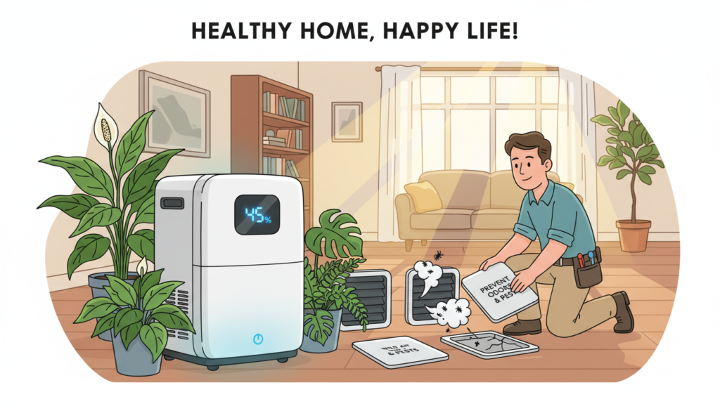 A close-up view of a well-managed humidity control system in a home environment, showcasing a dehumidifier prominently in the foreground. Surround the dehumidifier with plants that thrive in proper humidity levels, emphasizing a healthy home atmosphere. In the middle ground, depict air vents and sealed, cracked inspection covers being repaired by a professional wearing smart casual attire, symbolizing preventive measures against odors and insect infestations. The background should feature a bright, well-lit living space with natural light coming in from a window, creating a warm, inviting atmosphere. The overall mood is proactive and reassuring, highlighting the importance of addressing humidity issues for a clean, safe home environment.
