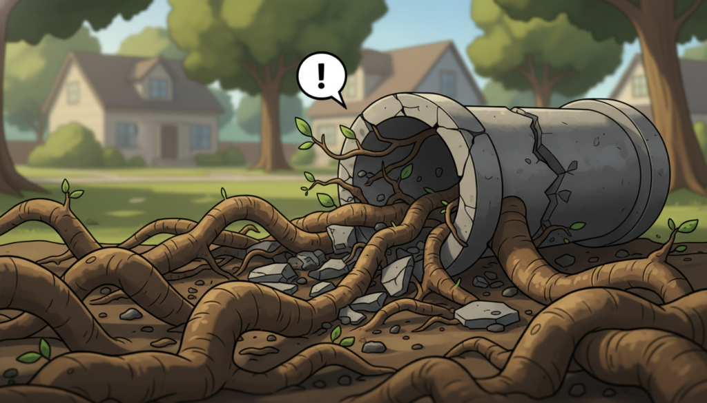A close-up view of tree roots invading a concrete sewer pipe, demonstrating the destructive impact on infrastructure. In the foreground, intricately detailed, thick roots are shown breaking through the cracked surface of the pipe, with soil and debris scattered around. The middle ground features a partially exposed section of the pipe, revealing the extent of the damage, while a few small green plants peek through. The background captures a blurred image of a residential area, with trees casting dappled shadows. Soft, diffused sunlight enhances the textures and contrasts of the scene, creating a sense of urgency and concern about environmental impacts. The angle is slightly tilted, emphasizing the distortion caused by the tree roots, illustrating the conflict between nature and human construction.