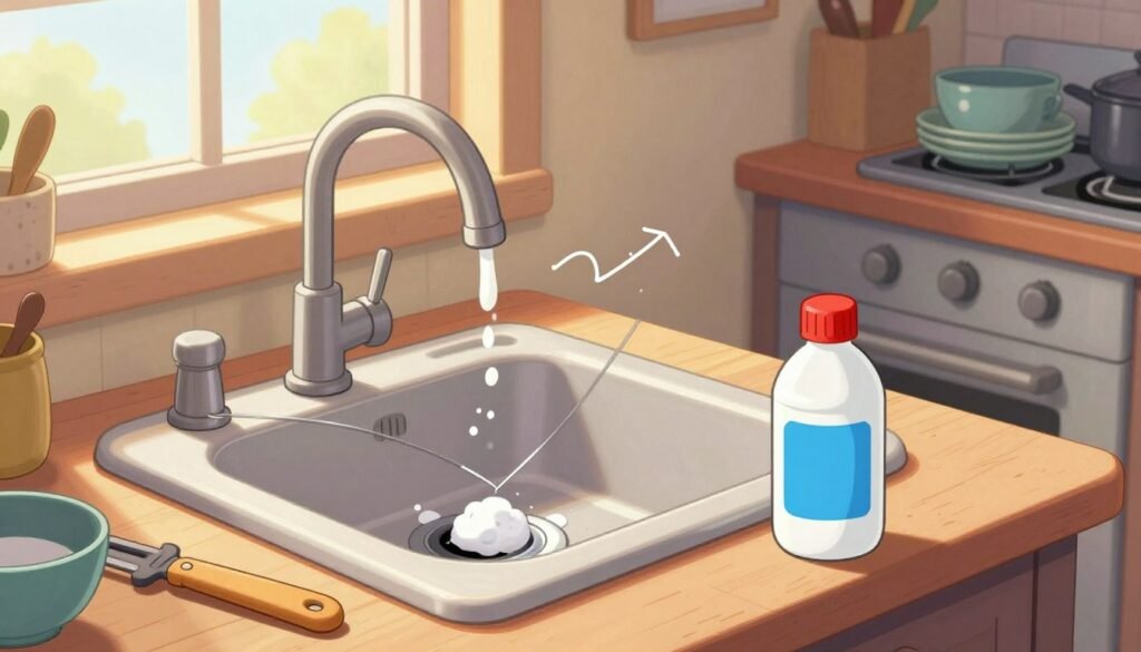 A cluttered kitchen scene featuring a blocked sink, with various tools such as a bent wire and sharp objects carelessly strewn around, highlighting the potential dangers of using them for unclogging. In the foreground, a bottle of baking soda and a bottle of vinegar are placed beside the sink, suggesting a safer alternative method for clearing the blockage. The middle layer captures a light source from a window, creating a warm, inviting atmosphere, while shadows add depth to the scene. In the background, the stove and countertops are visible, with dishes piled up, enhancing the sense of urgency. The overall mood conveys a warning against using improper unclogging tools, emphasizing safety in a homely setting.