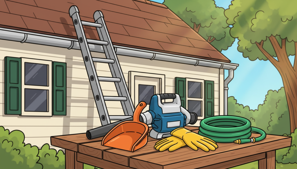 A collection of cleaning tools for gutters displayed on a wooden table in a well-lit environment. Include a sturdy ladder leaning against a house in the background, suggesting a home ready for maintenance. The foreground features a round gutter scoop, a leaf blower, a pair of heavy-duty gloves, and a high-pressure hose, all arranged neatly. Soft, natural light filters through nearby trees, creating a serene atmosphere. In the middle ground, the house is depicted with a clean roof and clear gutters, emphasizing preparation ahead of summer rains. The angle of the shot should be slightly overhead, capturing the tools' details while retaining the cozy, inviting feel of the home setting.