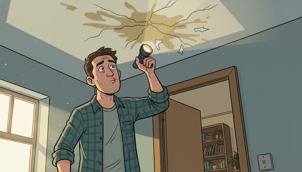 A concerned homeowner standing in a softly lit bathroom, examining a water-stained ceiling with a flashlight. The foreground focuses on the homeowner, dressed in a smart casual outfit, with a look of concentration and curiosity. In the middle, the bathroom features noticeable water spots and peeling paint on the ceiling, which suggests leaks. In the background, subtle hints of the neighbor’s apartment can be seen through a partially open door, indicating potential origins of the leak. The overall atmosphere is one of inquiry and tension, with natural light filtering through a window, creating a sense of urgency and investigation. The angle is slightly tilted upward to emphasize the ceiling distress, capturing both the emotional weight and the physical signs of a water leak.