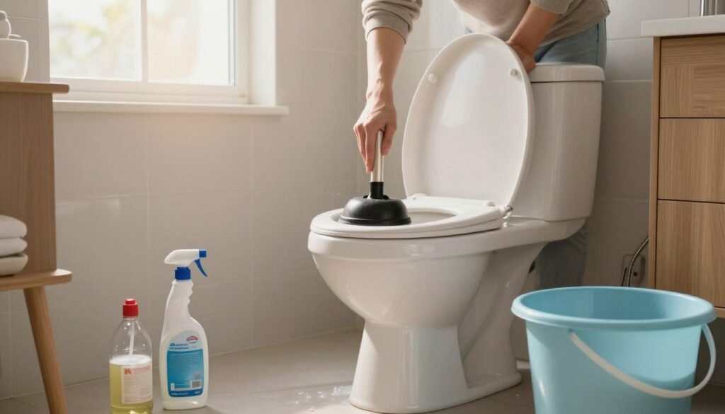 A cozy bathroom setting featuring a partially clogged toilet with visible water. In the foreground, showcase various household tools and items commonly used for DIY unclogging, such as a plunger, baking soda, vinegar, and a bucket. The middle area should include a person wearing modest casual clothing, demonstrating a technique to unclog the toilet with a plunger, focused on their task. In the background, soft daylight filters through a frosted window, casting a warm glow on the bathroom furnishings, which should be clean and well-organized, adding to a sense of calmness. The overall mood should be practical and informative, with a touch of homeliness. The composition should be inviting yet clear, emphasizing the DIY aspect of the unclogging process without any distractions.