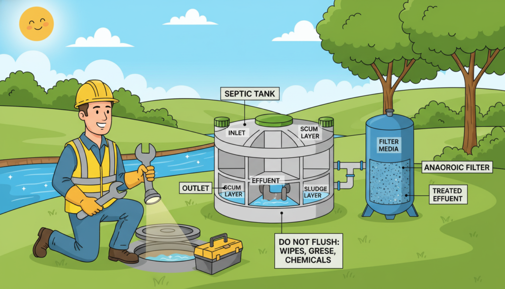 A detailed and informative illustration showcasing essential maintenance and prevention tips for sewage systems. In the foreground, depict a professional maintenance worker in a reflective safety vest diligently inspecting a sewage system area, holding tools like a wrench and a flashlight. In the middle ground, include a well-maintained septic tank and an anaerobic filter with clear labels highlighting their parts. The background features a healthy landscape with green grass and trees, symbolizing the importance of proper sewage systems for environmental health. The lighting should be bright and natural, with the sun positioned to the left, casting soft shadows. The angle should be slightly elevated, providing a comprehensive view of the systems in focus. The overall mood is professional and educational, encouraging responsible maintenance practices.