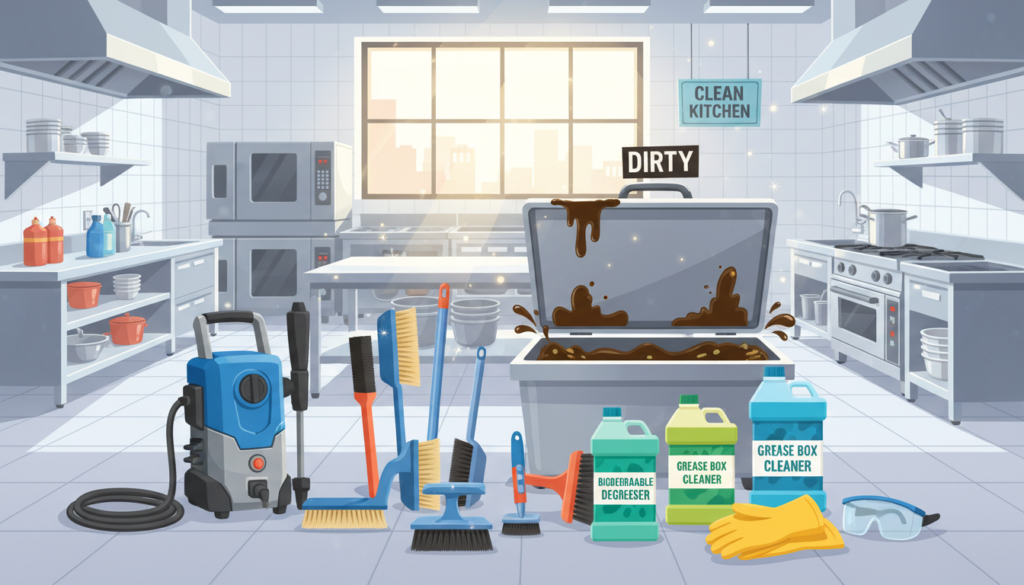 A detailed composition featuring essential cleaning materials and equipment for industrial grease box maintenance. In the foreground, display a variety of cleaning tools: a high-pressure washer, industrial brushes, biodegradable detergents in labeled containers, rubber gloves, and safety goggles. The middle ground includes a large, open grease box with visible grime and oil buildup, emphasizing the need for cleaning. In the background, a clean, well-lit industrial kitchen environment suggests regulation compliance, with stainless steel appliances and a large window letting in natural light. The image should convey a sense of professionalism and cleanliness, with bright lighting that highlights the textures of the tools and the grease box, creating an informative and engaging atmosphere.