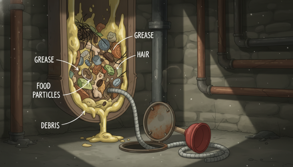 A detailed depiction of common causes of pipeline blockages in a building's central column. In the foreground, show a close-up of a cross-section of the pipeline, revealing various objects causing clogs: grease, hair, food particles, and small debris. In the middle ground, illustrate a cleanout access point with professional tools, such as a plumbing snake and a plunger, indicating maintenance efforts. The background should consist of a dimly lit basement setting, suggesting a neglected space with exposed pipes and subtle shadows casting, creating an atmosphere of concern. Use soft, diffused lighting to emphasize texture and detail in the materials. Capture the scene from a slightly elevated angle to provide a comprehensive view of the pipeline issues, enhancing the overall seriousness and informational value of the image.