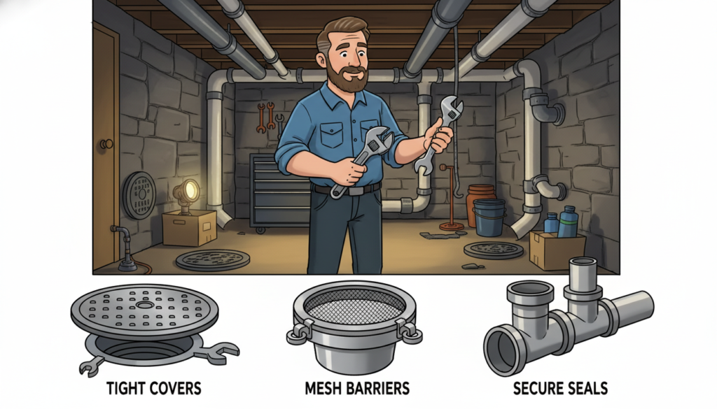 A detailed illustration depicting practical methods to block sewer access inside a home. In the foreground, showcase various effective solutions such as tightly fitted drain covers, mesh screens, and secure piping connections. In the middle ground, present a professional handyman inspecting a drainage system, wearing modest work attire, while holding tools like pliers and a wrench. In the background, include a dimly lit, slightly cluttered basement setting with exposed pipes and a clear focus on the sewer access points. The lighting should be warm and inviting, creating a sense of safety and professionalism. The overall mood should convey a proactive approach to plumbing issues, emphasizing cleanliness and preventative maintenance.