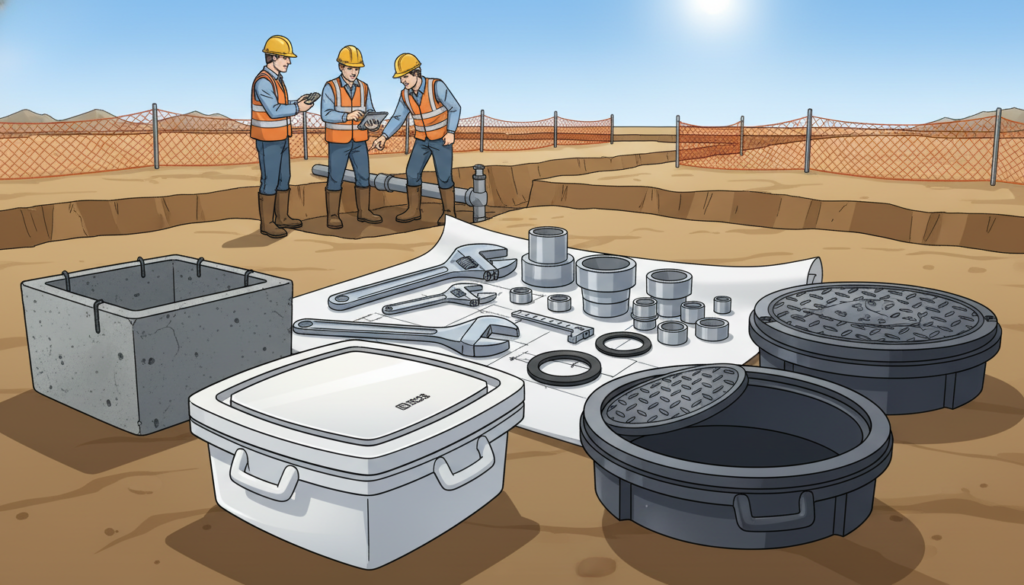 A detailed illustration showcasing various models and materials for sewage inspection boxes, prominently featured in the foreground. Display an array of rectangular and circular inspection box designs, made from materials like PVC, reinforced concrete, and metal, highlighting different textures and finishes. The middle ground includes tools like wrenches and fittings used for installation and maintenance, arranged neatly. In the background, depict a construction site with partially dug trenches and workers in professional attire discussing the installation process. The lighting is bright and natural, simulating a sunny day, with a low-angle view to emphasize the inspection boxes. The overall atmosphere is technical and informative, ideal for understanding the selection of appropriate materials.