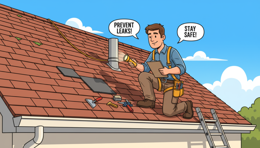 A detailed image of a roof maintenance scene focusing on preventive inspection, with a professional technician in modest work attire examining a residential rooftop. In the foreground, show the technician holding tools, like a clipboard and a flashlight, examining shingles and flashing for wear and potential leaks. In the middle ground, depict a sloped roof with well-maintained shingles and visible gutters, complemented by safety equipment like a harness and ladder. In the background, capture a clear blue sky, suggesting a bright day, enhancing the mood of diligence and care. Use soft, natural lighting to create a warm atmosphere, emphasizing the importance of regular roof maintenance for preventing leaks and ensuring safety.