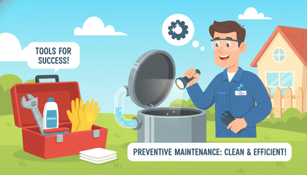 A detailed scene illustrating preventive maintenance of a grease trap, emphasizing cleanliness and efficiency. In the foreground, a neatly arranged toolbox featuring essential tools like a wrench, gloves, and cleaning supplies. The middle ground reveals a professional technician in a blue work uniform, inspecting the grease trap with a focused expression, showcasing safe work practices. The background features a clean outdoor area with green grass and a clear sky, subtly suggesting a well-maintained home environment. Soft, natural lighting highlights the scene, creating a sense of diligence and care. The atmosphere is calm and orderly, reflecting the importance of responsible maintenance practices.