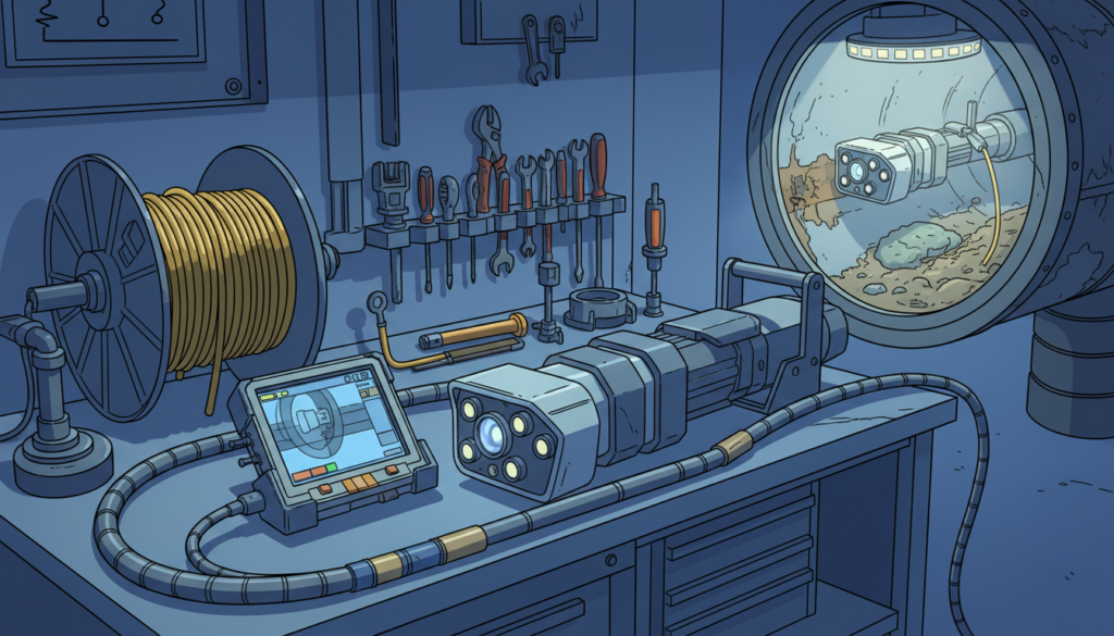 A detailed scene showcasing advanced video inspection equipment used for pipe inspection. In the foreground, a high-definition inspection camera with a flexible probe is prominently displayed against a workspace backdrop. The middle layer includes various tools such as drain snakes and reel cables, neatly organized beside the camera. The background features a partially visible section of a pipe, illuminated with bright LED lights, revealing a clear view inside that highlights areas of potential blockages. The atmosphere is professional and technical, with cool-toned lighting to evoke precision and reliability. The angle is slightly tilted downwards to capture the equipment coming into sharp focus, emphasizing its functionality in a real-world setting.