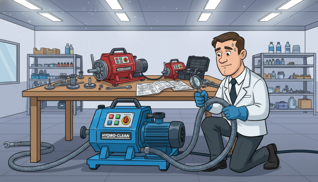 A detailed scene showcasing the maintenance and durability of sewer cleaning equipment, specifically focusing on a hydro jetting machine and a K-50 rotary machine. In the foreground, position a professional technician in business attire performing maintenance on the hydro jetting equipment, inspecting the high-pressure hose with a focused expression. In the middle ground, show both machines side by side on a clean workbench, with tools and maintenance manuals neatly arranged. The background features a well-lit workshop environment, with stainless steel shelves stocked with various maintenance tools. Ensure the lighting is bright and even, highlighting the technical details of the machines. The mood should reflect professionalism and diligence, emphasizing the importance of upkeep in equipment durability and efficiency.